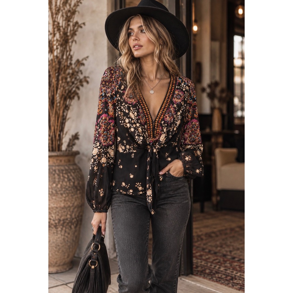 Free People Black Floral Tie Front Blouse Womens Boho Long Sleeve Festival Top